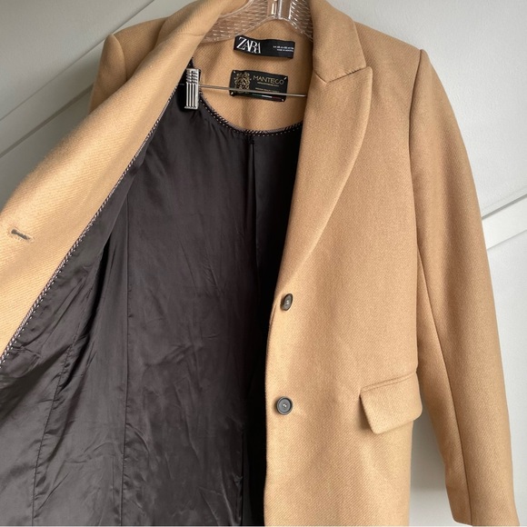 ZARA Classic Manteco Wool Blend Coat MENSWEAR STYLE CAMEL size XS Women's Tan - Picture 5 of 10